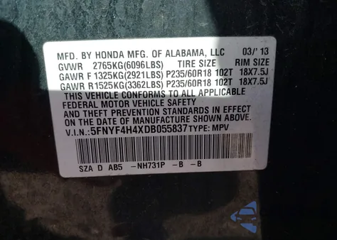 2013 Honda Pilot Ex z USA, uszkodzony, nr VIN 5FNYF4H4XDB055837